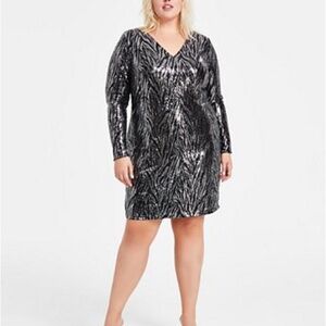 Bar III 2X Plus Size Sequined Festive Cocktail Dress, Long sleeve Silver Zebra